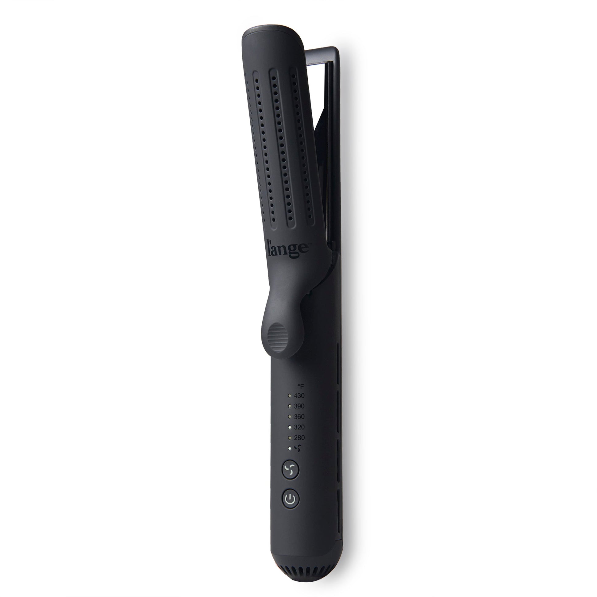 The black Le Duo is open & stands vertically, showing cooling vents, temperature range & more.